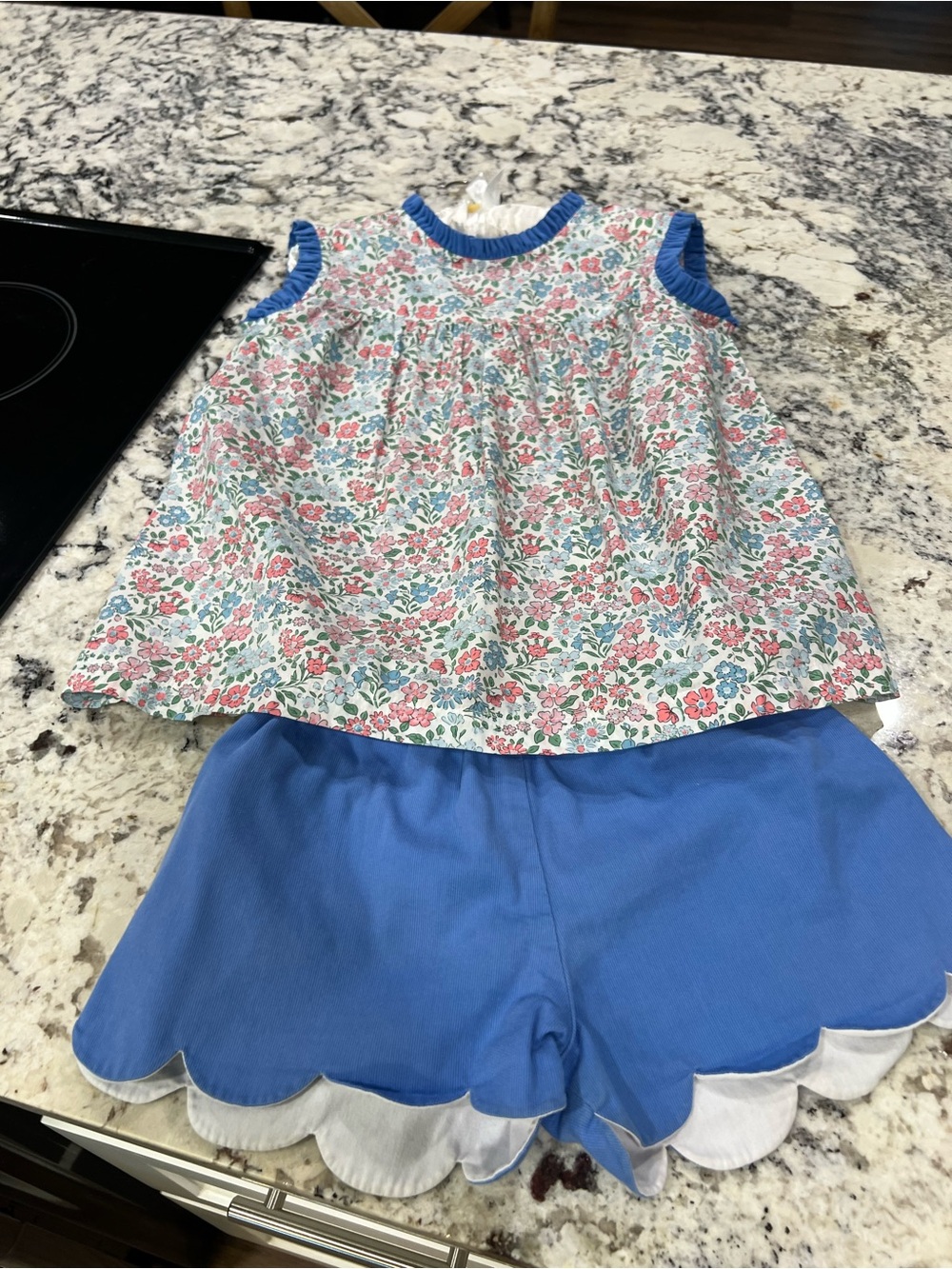 Mary & Grace Blue Floral Girls' Summer Matching Set with Scallop Shorts